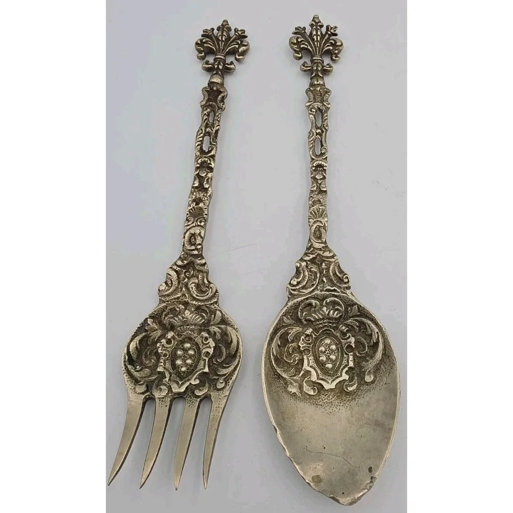 Vintage Italian 6 Piece Serving Set Lions Holding Scepter Brass Gothic Italy
